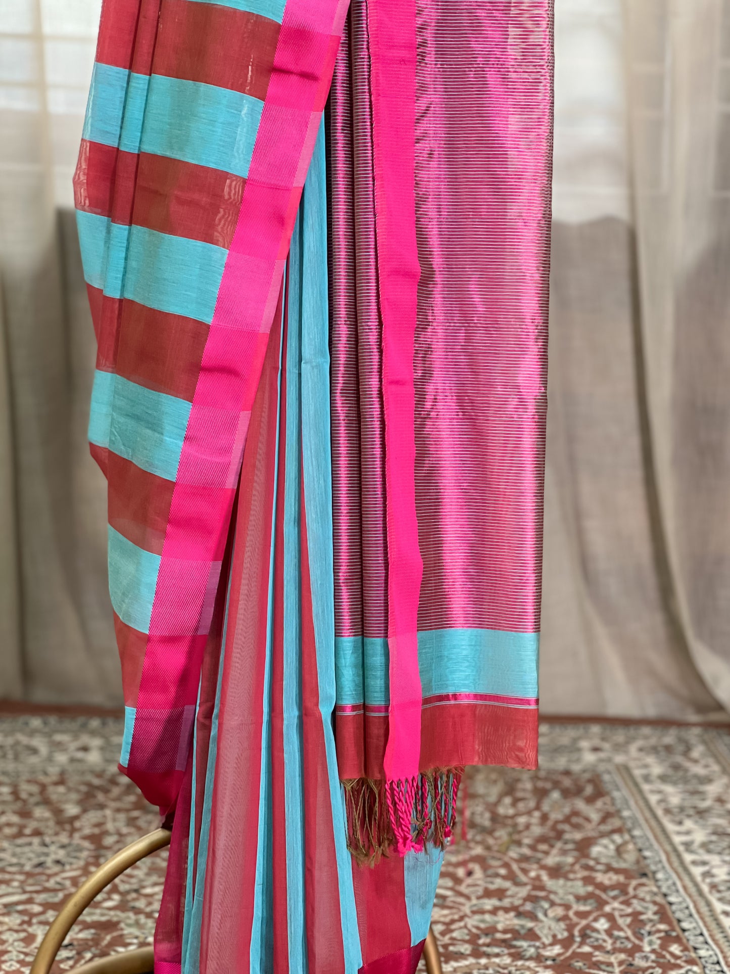 Pink Blue Maheshwari Silk Cotton saree