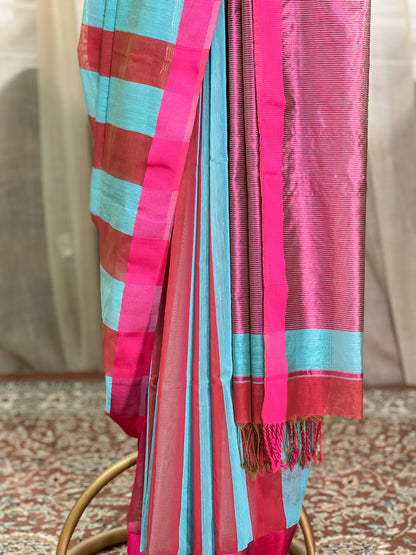 Pink Blue Maheshwari Silk Cotton saree