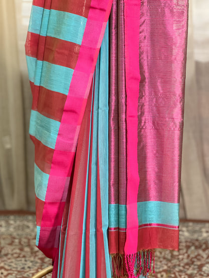 Pink Blue Maheshwari Silk Cotton saree