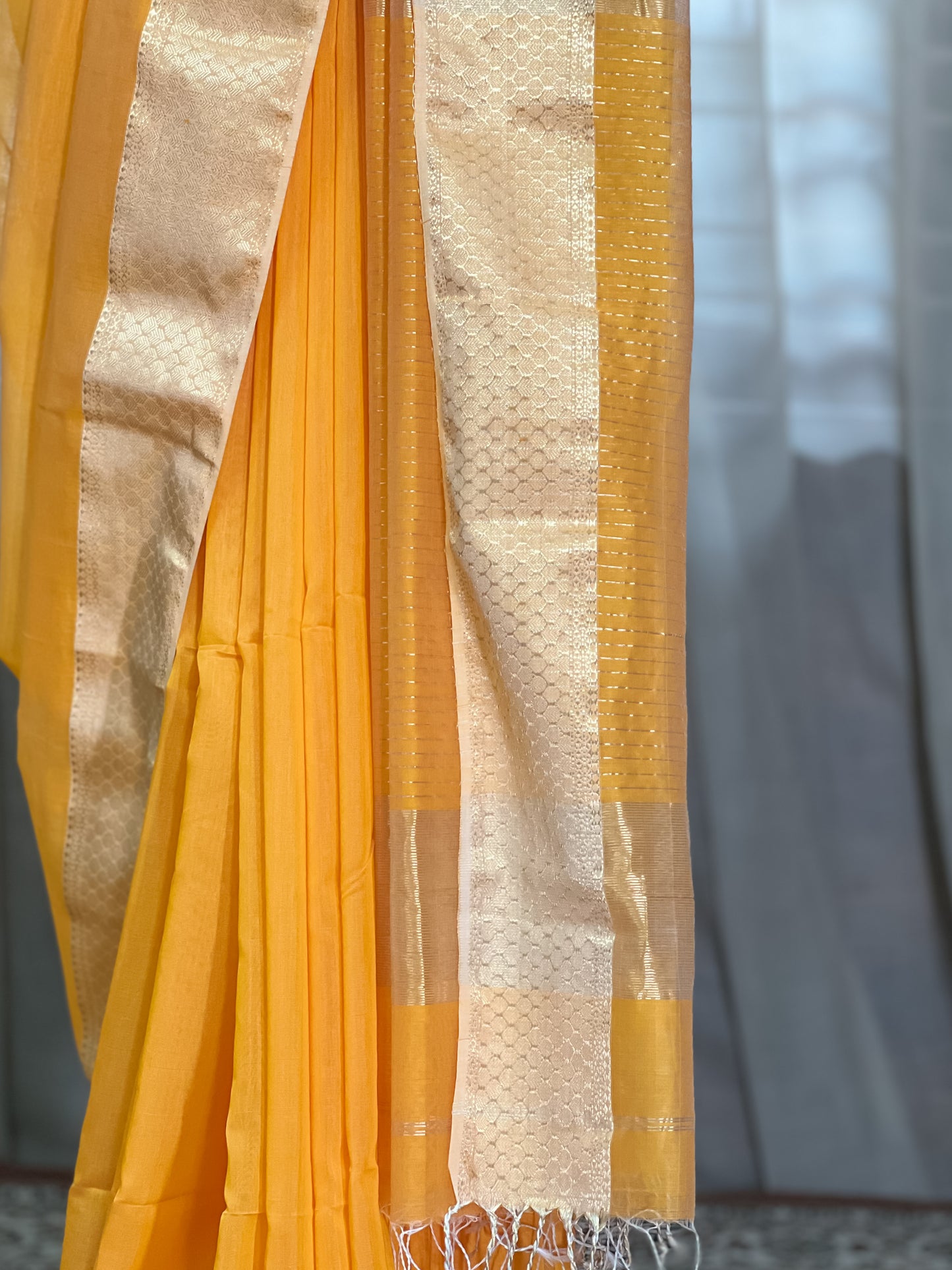 Yellow Maheshwari Silk Cotton Saree