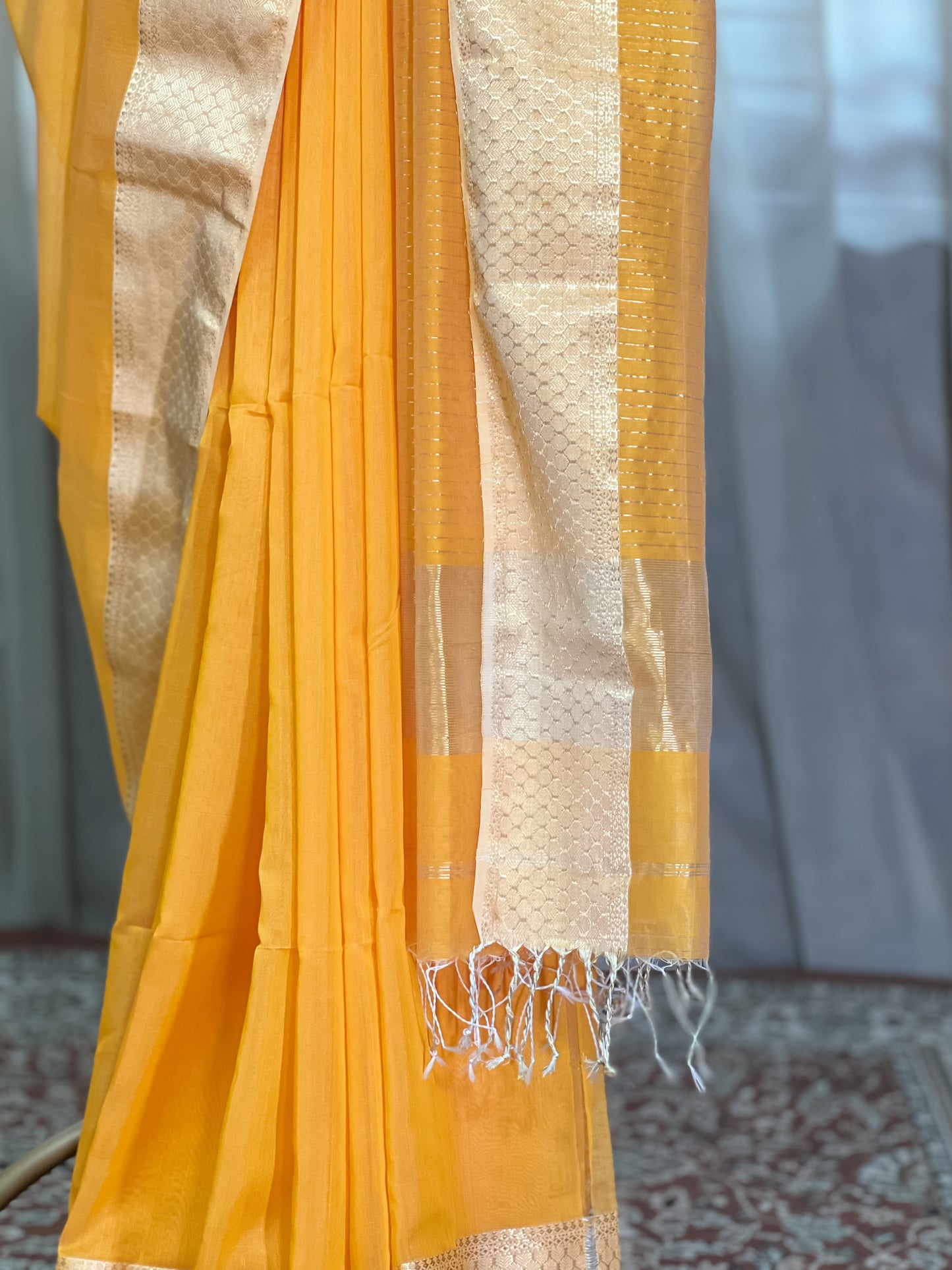 Yellow Maheshwari Silk Cotton Saree