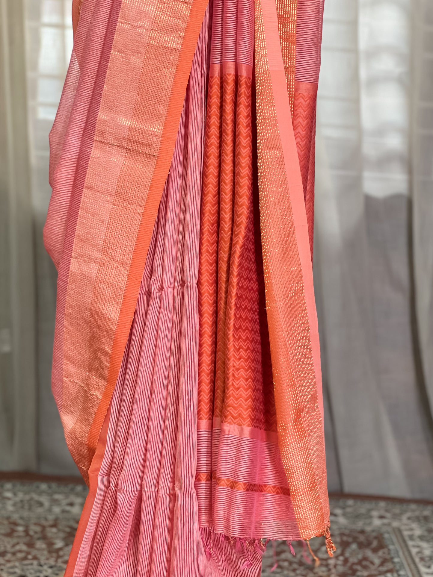 Peach Maheshwari Silk Cotton Saree