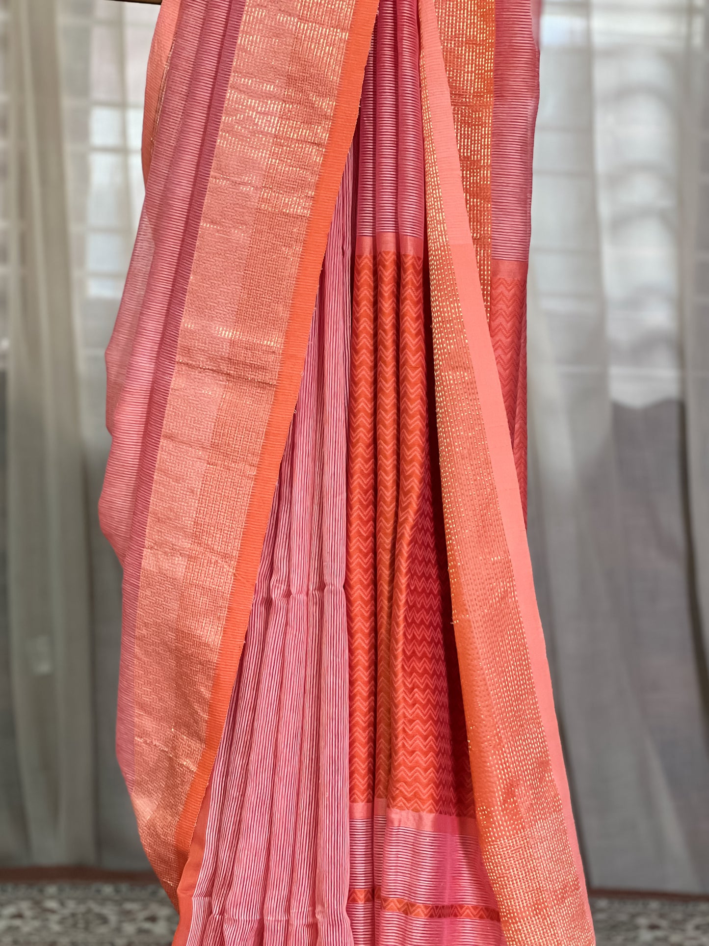 Peach Maheshwari Silk Cotton Saree