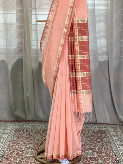 Peach Maheshwari Silk Cotton Saree