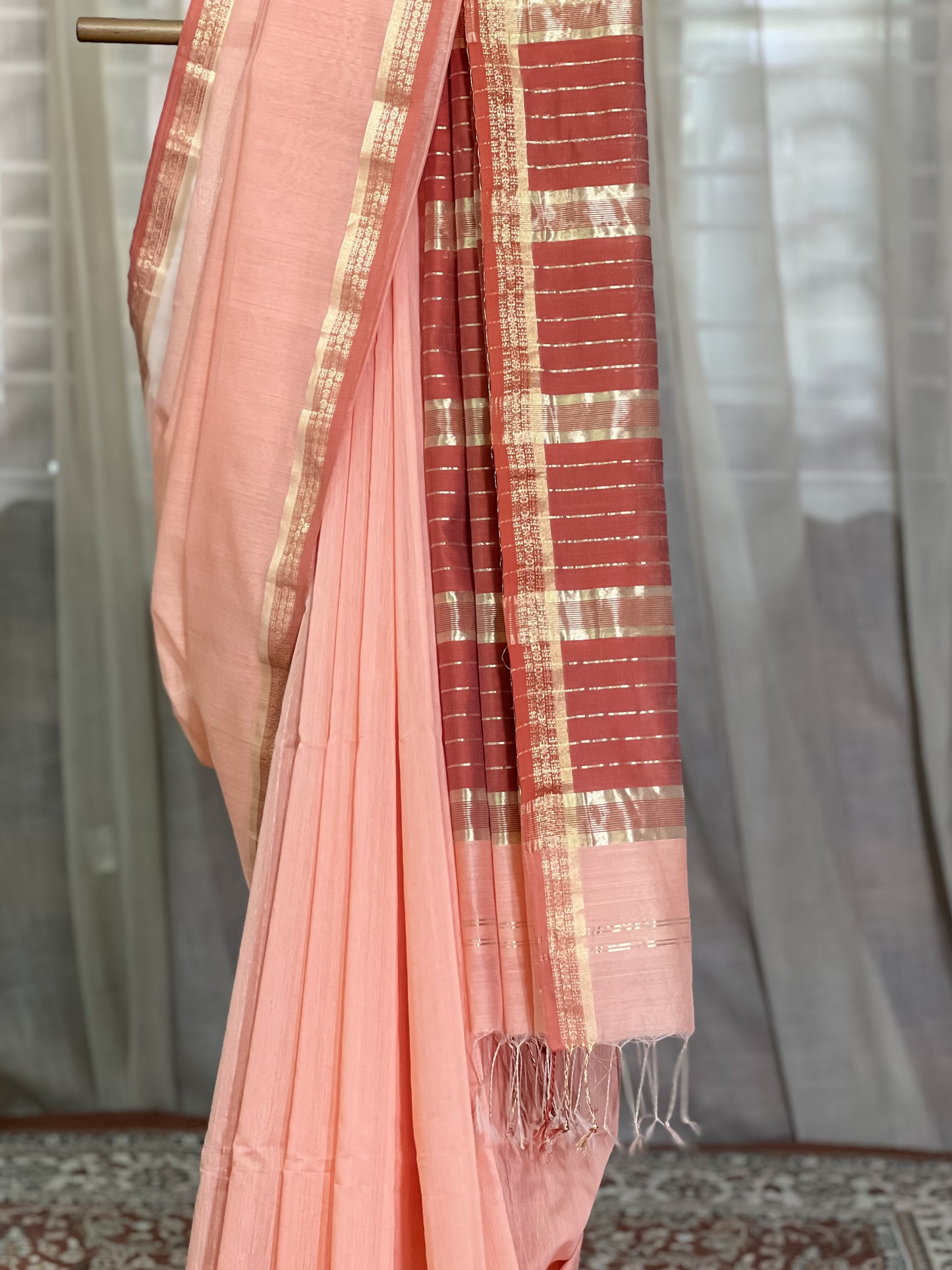 Peach Maheshwari Silk Cotton Saree