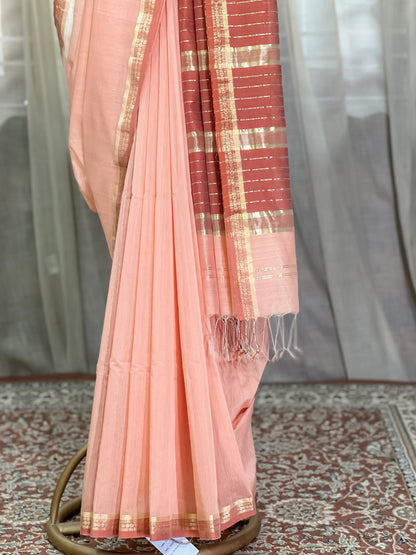 Peach Maheshwari Silk Cotton Saree