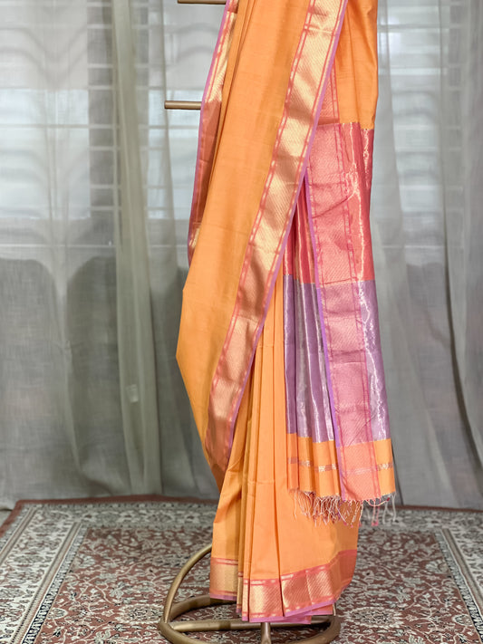 Yellow Maheshwari cotton Silk Saree