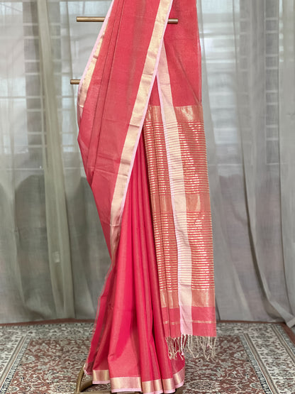 Red Maheshwari Tissue Silk Cotton Saree