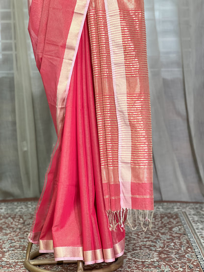 Red Maheshwari Tissue Silk Cotton Saree