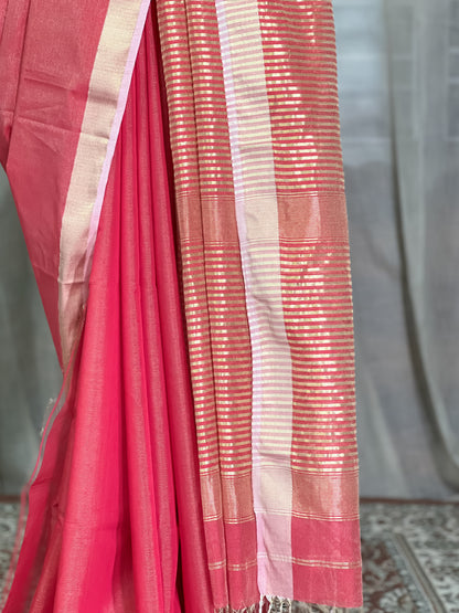 Red Maheshwari Tissue Silk Cotton Saree