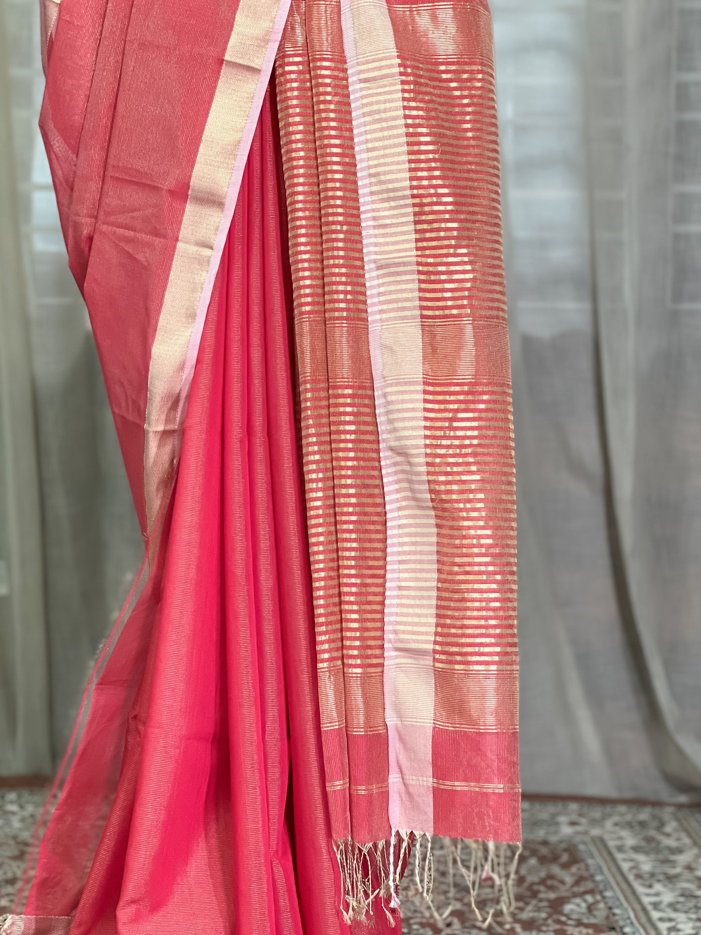 Red Maheshwari Tissue Silk Cotton Saree