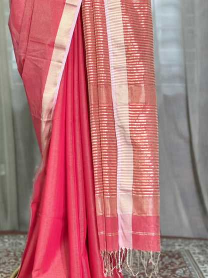 Red Maheshwari Tissue Silk Cotton Saree