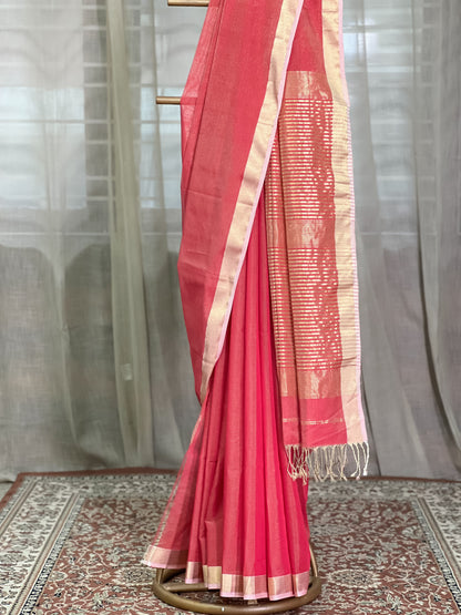 Pink Maheshwari Tissue Silk Cotton Saree