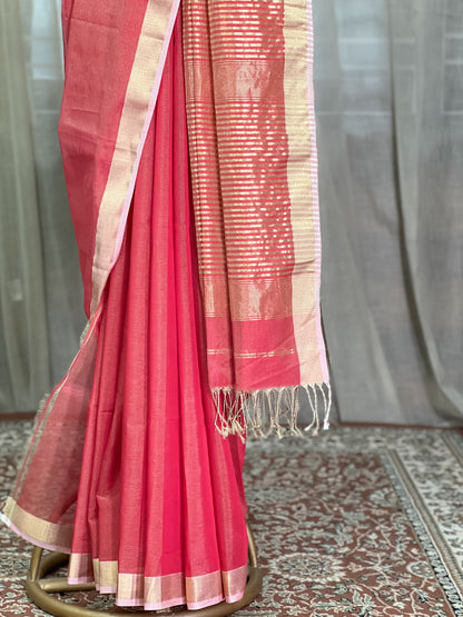 Pink Maheshwari Tissue Silk Cotton Saree