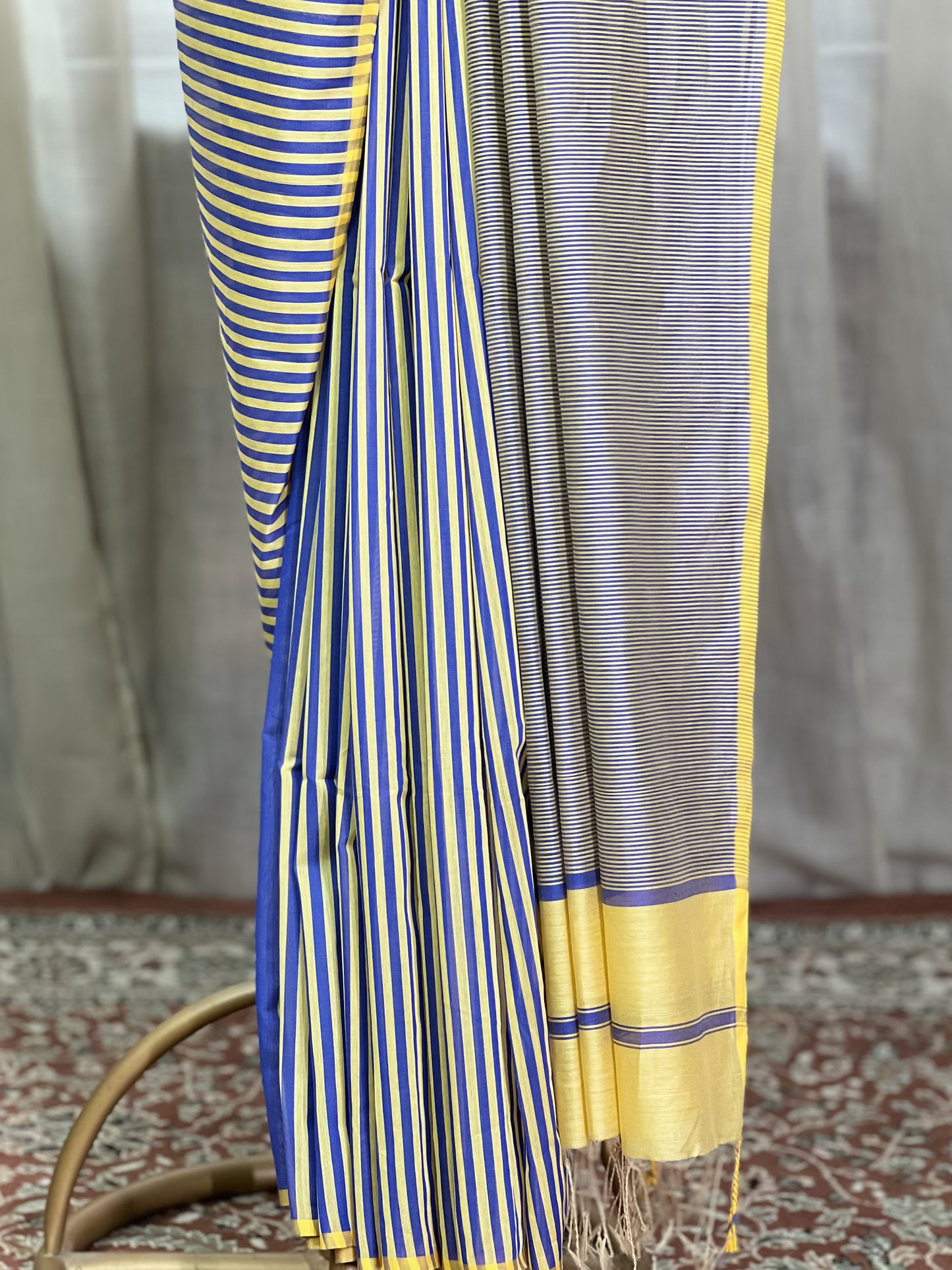 Yellow and Blue Maheshwari Silk Cotton Saree