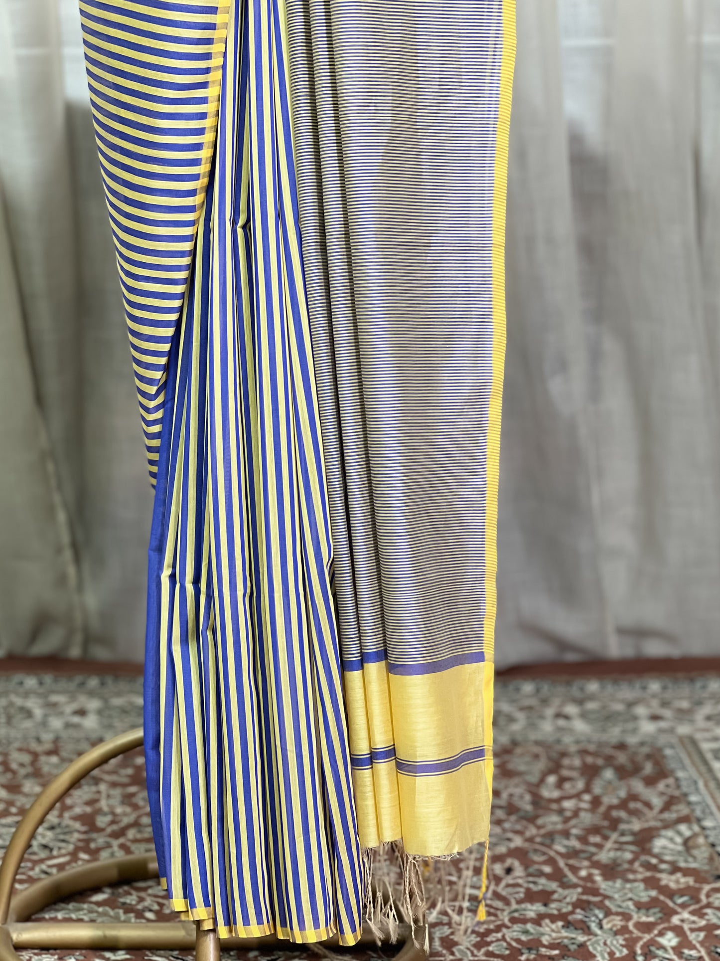 Yellow and Blue Maheshwari Silk Cotton Saree