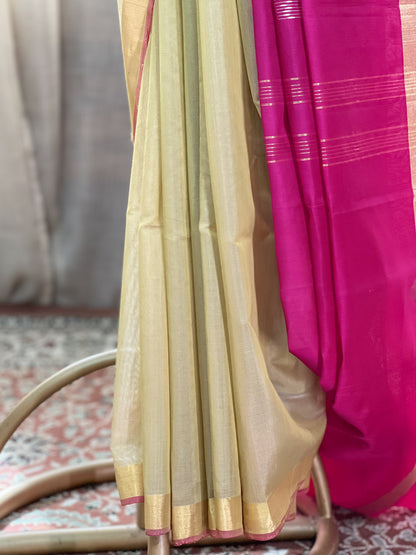 Beige Pink Kanchi Cotton Silk Saree