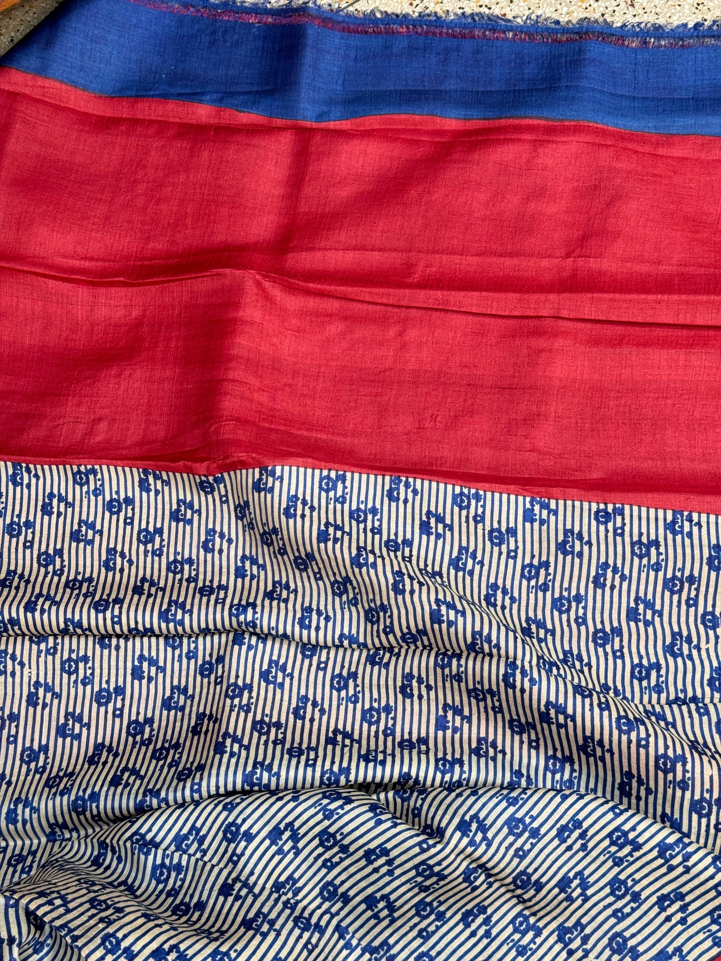 White Blue Handblock Printed Tussar Silk Saree