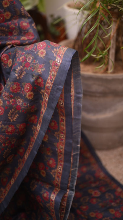 Midnight Blue Tussar Silk Saree