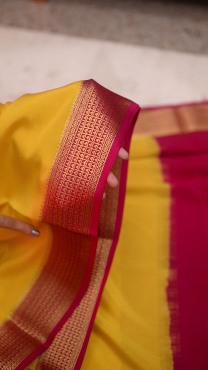 Yellow Pink Mysore Crepe Silk Saree