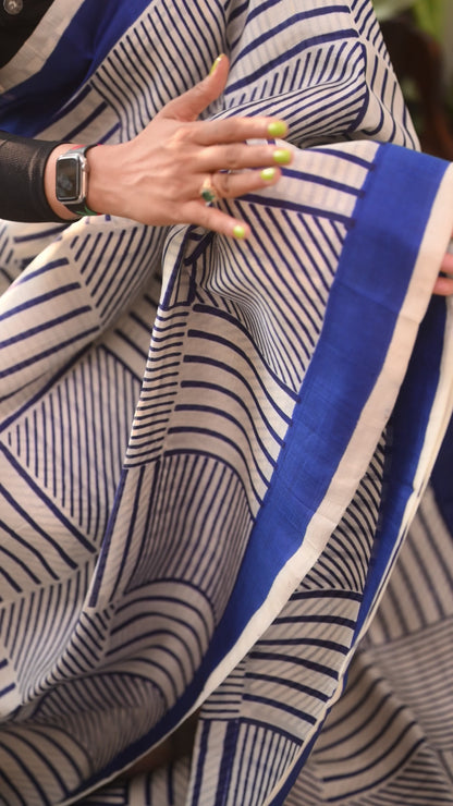 White Blue Printed Saree